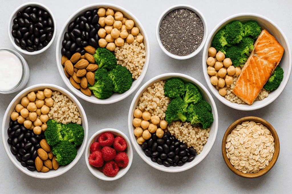 The Essential Guide to Protein and Fiber Foods for Gut Health and Lasting Wellness 2 Meal prep bowls filled with salmon, black beans, chickpeas, quinoa, chia seeds, raspberries, almonds, kefir, and oats arranged as colorful protein and fiber foodac options.