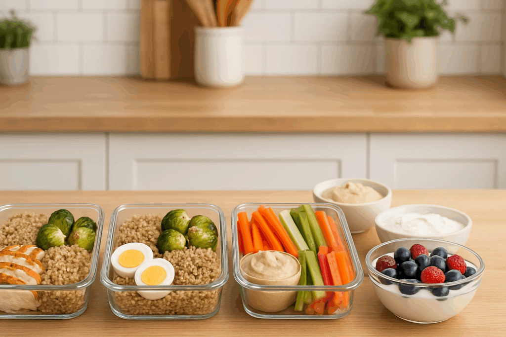 The Essential Guide to Protein and Fiber Foods for Gut Health and Lasting Wellness 3 Meal prep containers with grilled chicken, quinoa, Brussels sprouts, hard-boiled eggs, and Greek yogurt with berries showcasing a balanced protein and fiber foodac diet.