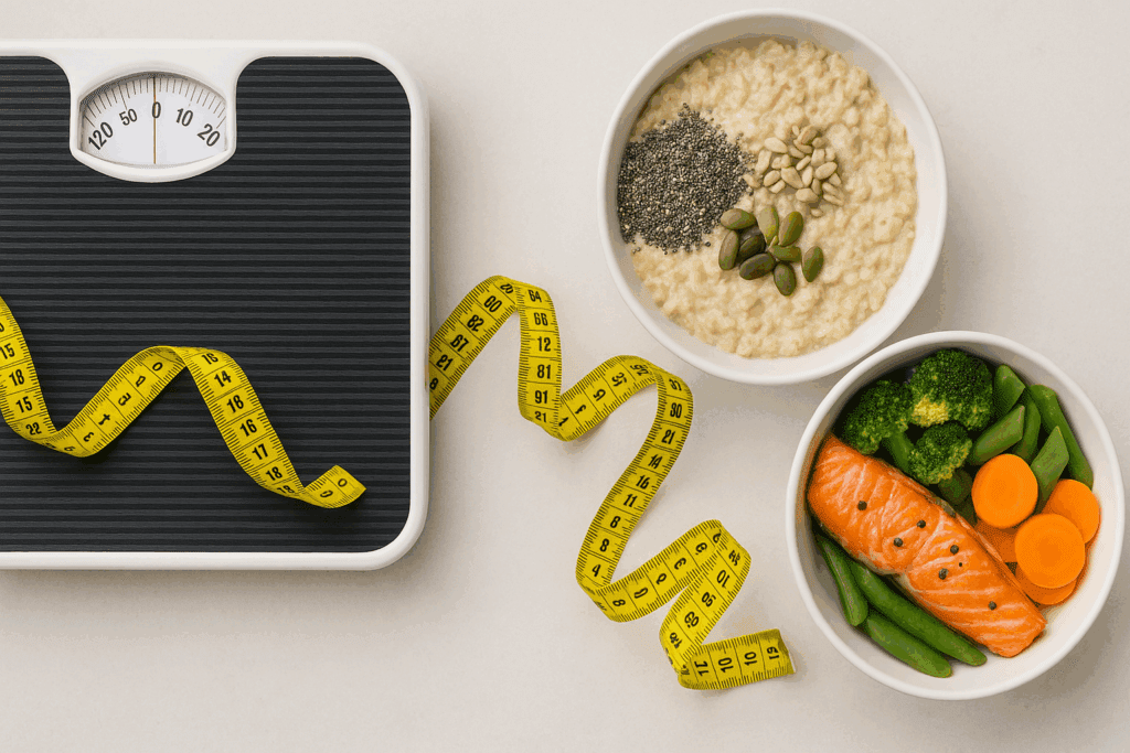The Essential Guide to Protein and Fiber Foods for Gut Health and Lasting Wellness 4 Balanced protein and fiber foodac meal with salmon, vegetables, and oats beside a scale and measuring tape symbolizing healthy weight loss.