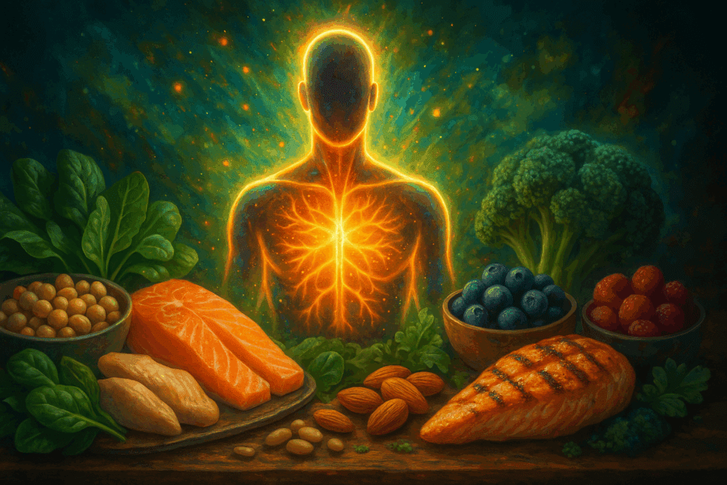 The Essential Guide to Protein and Fiber Foods for Gut Health and Lasting Wellness 5 Radiant human silhouette glowing from within, surrounded by vibrant protein and fiber foodac sources like salmon, leafy greens, nuts, and berries.
