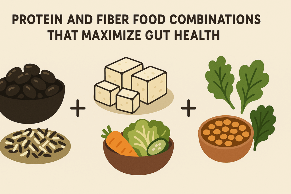 The Essential Guide to Protein and Fiber Foods for Gut Health and Lasting Wellness 6 Illustration showing protein and fiber foodac combinations like black beans with wild rice, tofu with fermented vegetables, and lentils with leafy greens.