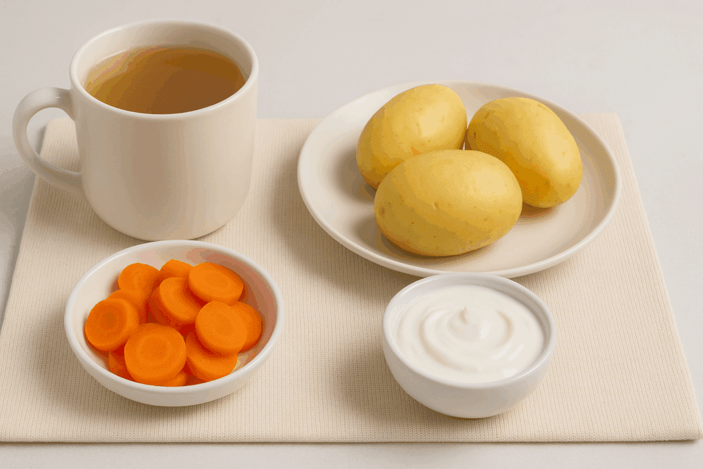 The Essential Guide to What to Eat When You Have Diarrhea: Proven Foods That Help Soothe and Settle an Upset Stomach 2 Bone broth, boiled carrots, plain potatoes, and probiotic yogurt arranged on a neutral placemat—gut-friendly foods for what to eat when you have diarrhea.
