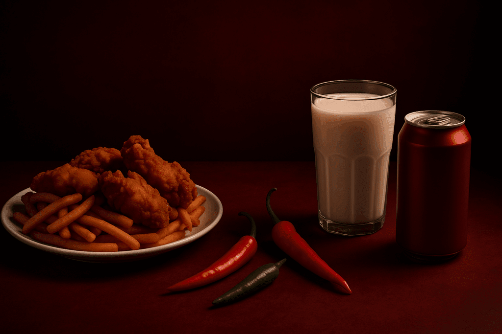 The Essential Guide to What to Eat When You Have Diarrhea: Proven Foods That Help Soothe and Settle an Upset Stomach 3 Contrast of foods showing what to eat when you have diarrhea, with fried chicken, chili peppers, milk, and soda on a dark red backdrop suggesting discomfort
