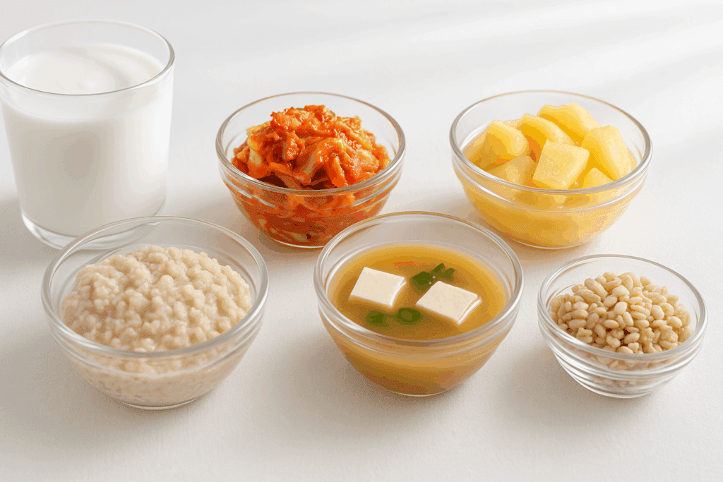 The Essential Guide to What to Eat When You Have Diarrhea: Proven Foods That Help Soothe and Settle an Upset Stomach 4 Clear glass bowls of kefir, kimchi, miso soup, stewed apples, cooked oats, and barley on a white table, showing what to eat when you have diarrhea.
