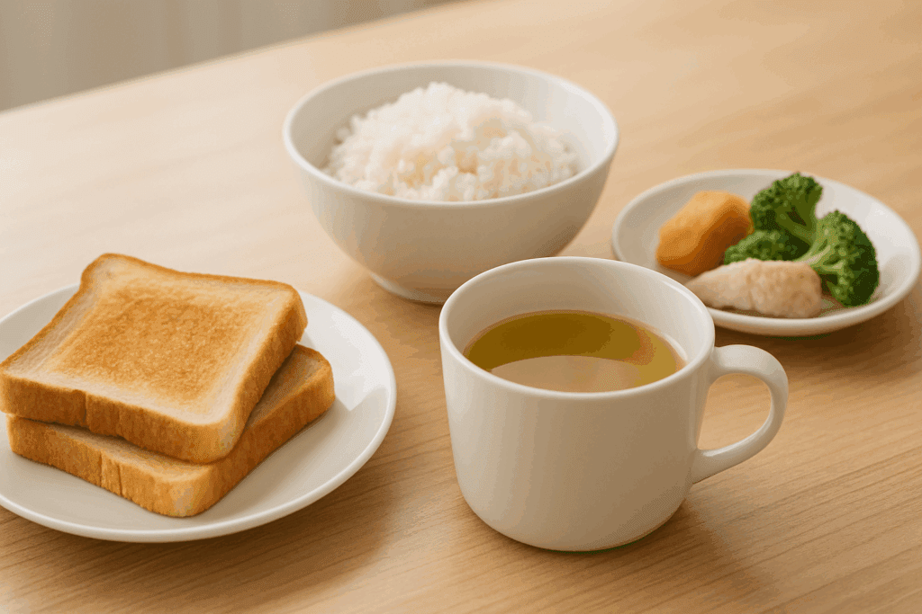 The Essential Guide to What to Eat When You Have Diarrhea: Proven Foods That Help Soothe and Settle an Upset Stomach 5 Stepwise display of what to eat when you have diarrhea—toast and broth, followed by rice with chicken, and soft vegetables on a wooden counter.