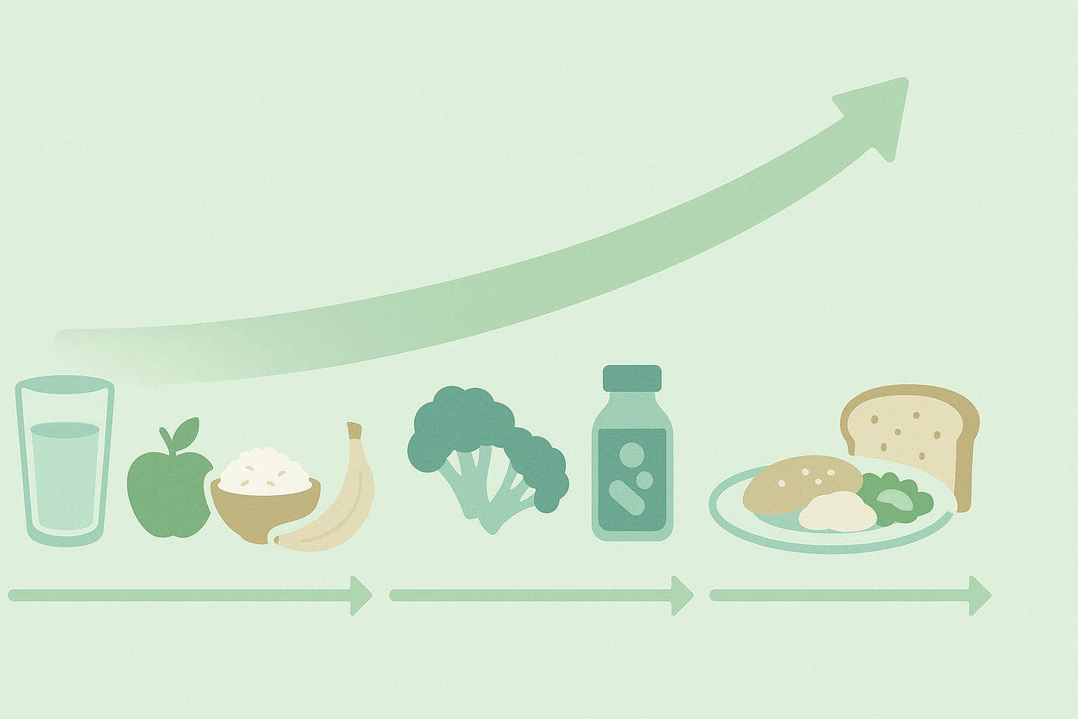 The Essential Guide to What to Eat When You Have Diarrhea: Proven Foods That Help Soothe and Settle an Upset Stomach 6 Infographic showing what to eat when you have diarrhea, with icons of clear fluids, bananas, rice, broccoli, probiotics, and whole grains in a three-phase gut recovery plan.