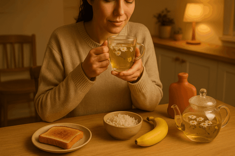 Woman sipping chamomile tea at a cozy kitchen table with toast, banana, and rice—foods ideal for what to eat when you have diarrhea.