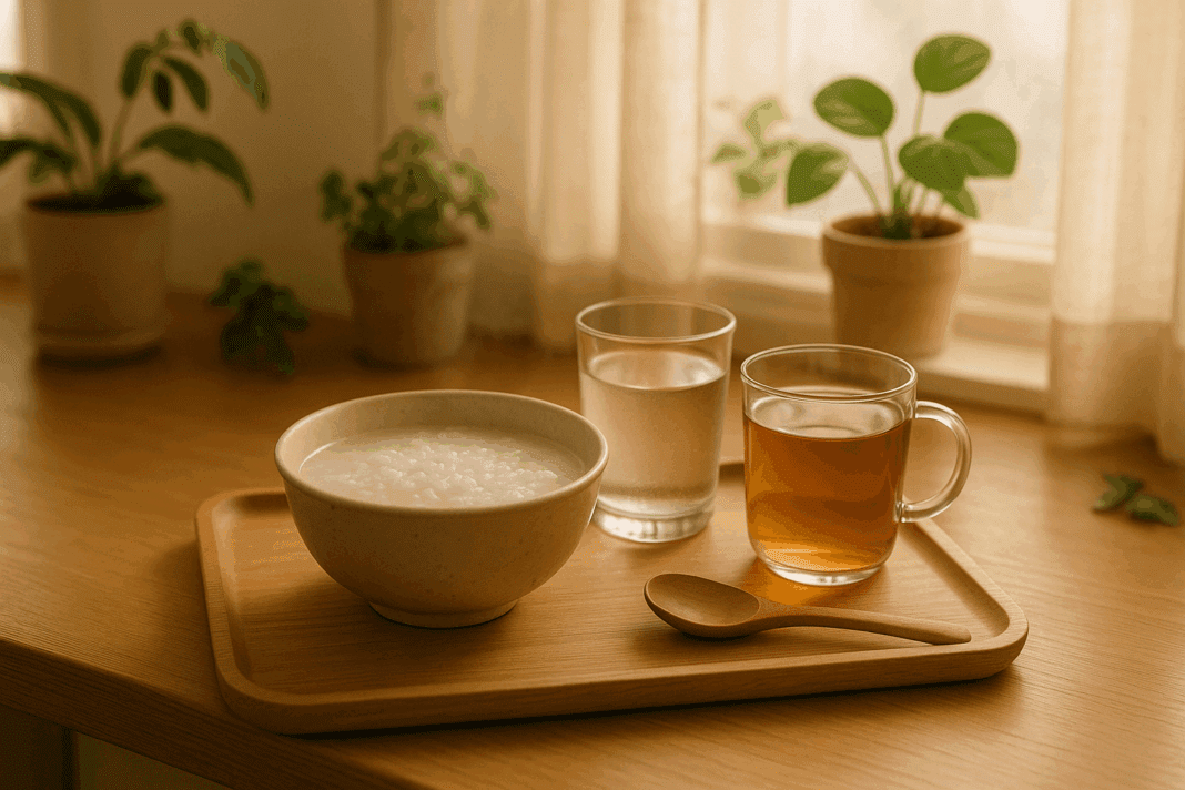 Bowl of plain rice porridge with herbal tea and electrolyte water on a wooden tray near a sunny window, showing what to eat when you have the stomach flu