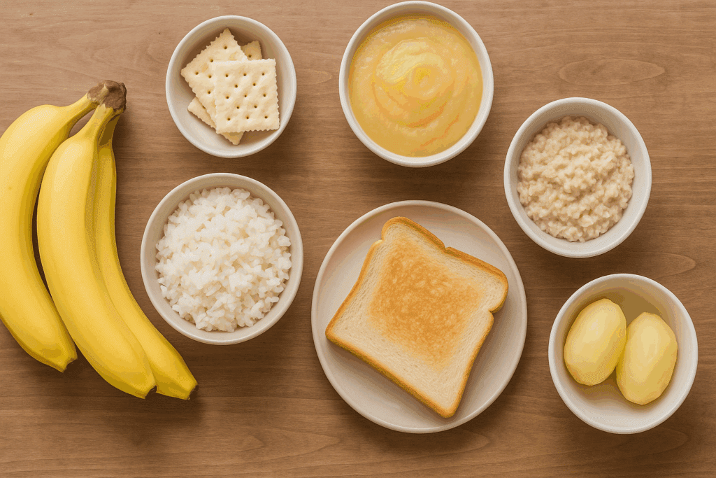 The Essential Guide to What to Eat When You Have the Stomach Flu: Gut-Friendly Foods and Holistic Support for Soothing Recovery 1 Flat lay of bananas, white rice, toast, applesauce, crackers, oatmeal, and boiled potatoes—examples of what to eat when you have the stomach flu.