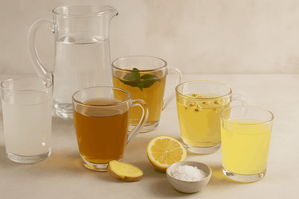 The Essential Guide to What to Eat When You Have the Stomach Flu: Gut-Friendly Foods and Holistic Support for Soothing Recovery 2 Clear and warm drinks like coconut water, herbal teas, and oral rehydration solution showing what to eat when you have the stomach flu