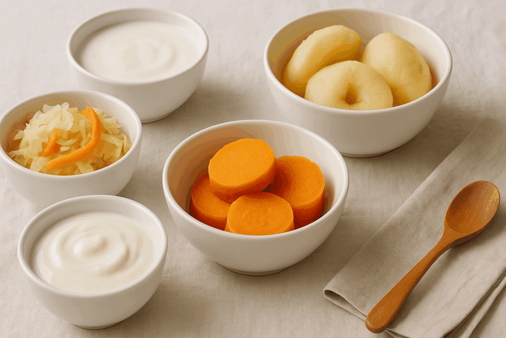 The Essential Guide to What to Eat When You Have the Stomach Flu: Gut-Friendly Foods and Holistic Support for Soothing Recovery 3 Bowls of plain yogurt, kefir, steamed sweet potatoes, cooked apples, and fermented vegetables on linen—foods ideal for what to eat when you have the stomach flu