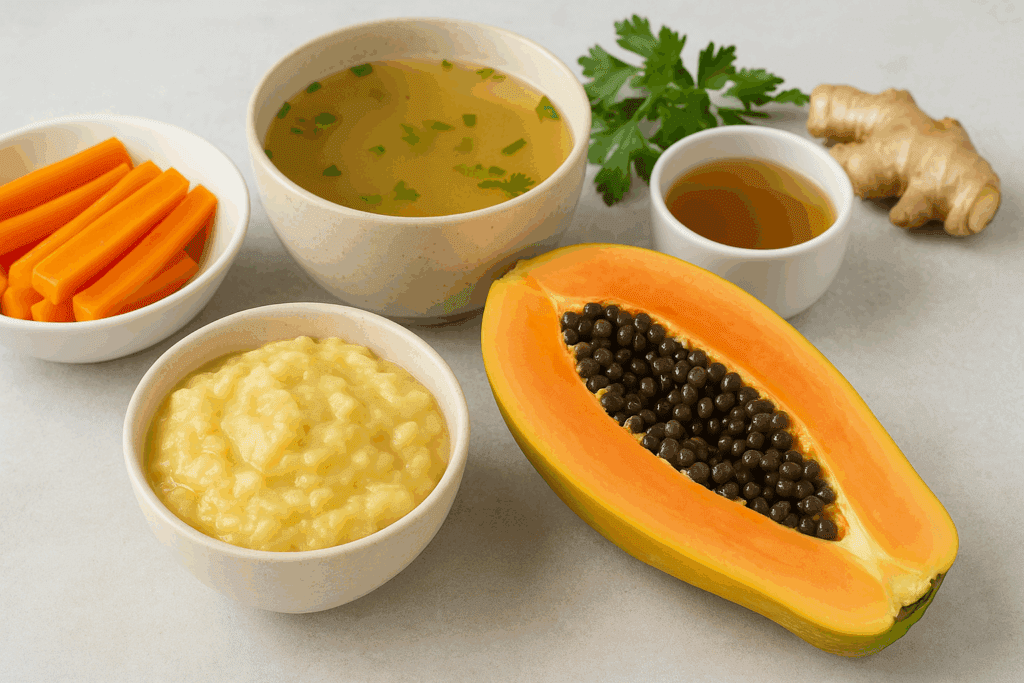 The Essential Guide to What to Eat When You Have the Stomach Flu: Gut-Friendly Foods and Holistic Support for Soothing Recovery 4 Mashed banana, papaya, steamed carrots, and broths arranged on a table showing what to eat when you have the stomach flu.