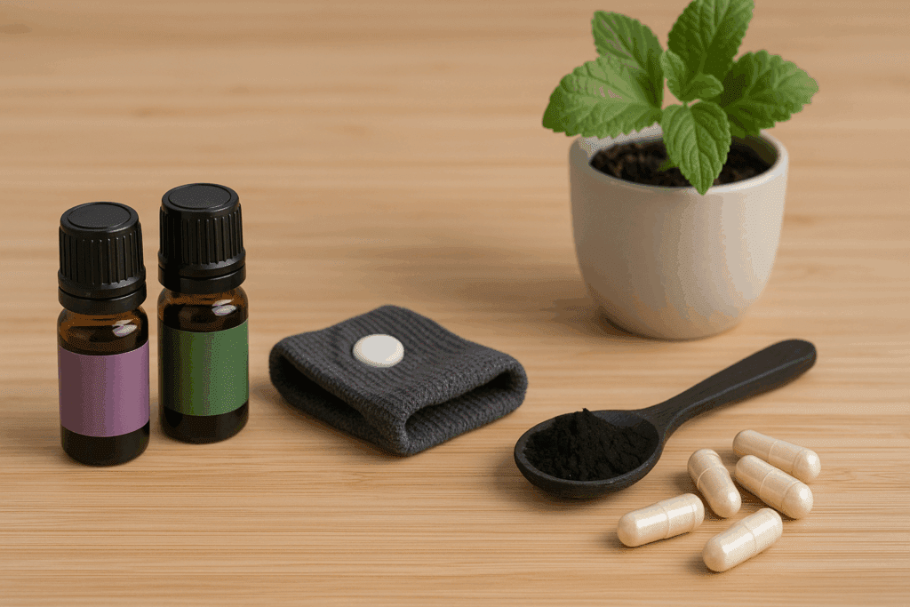 The Essential Guide to What to Eat When You Have the Stomach Flu: Gut-Friendly Foods and Holistic Support for Soothing Recovery 5 Holistic items showing what to eat when you have the stomach flu, including probiotic capsules, activated charcoal, and essential oils on a wooden surface