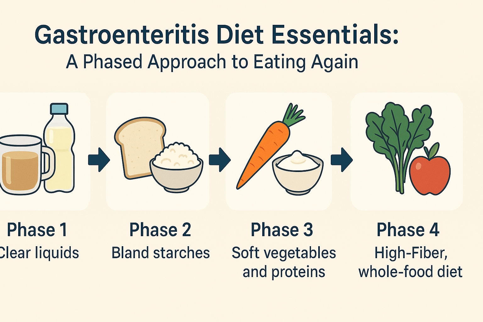 The Essential Guide to What to Eat When You Have the Stomach Flu: Gut-Friendly Foods and Holistic Support for Soothing Recovery 6 Infographic showing what to eat when you have the stomach flu in four phases: clear liquids, bland starches, soft vegetables and proteins, and high-fiber whole foods