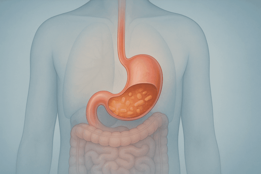 Medical illustration of delayed gastric emptying in the stomach, highlighting digestive issues related to a gastroparesis diet