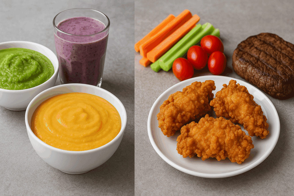 Side-by-side comparison of foods for the gastroparesis diet, showing smooth soups and mashed vegetables versus fried chicken and raw vegetables.