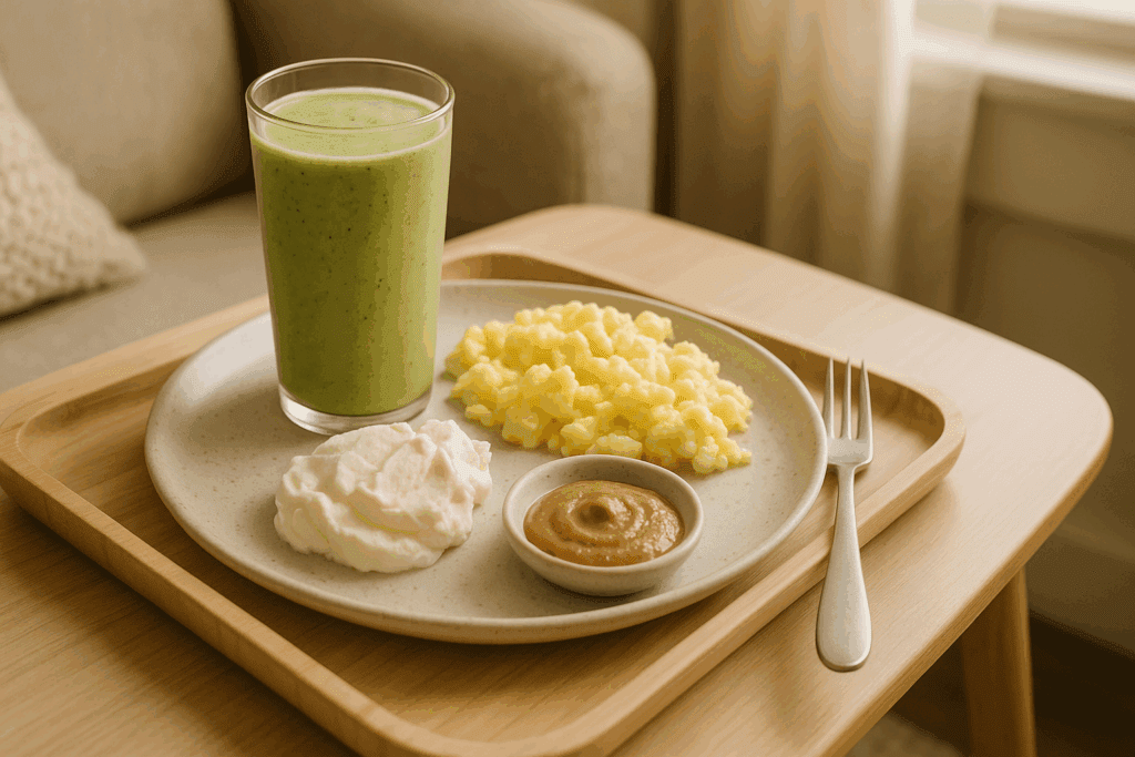 High-calorie breakfast tray with scrambled eggs, avocado smoothie, soft cheese, and nut butter for a gastroparesis diet