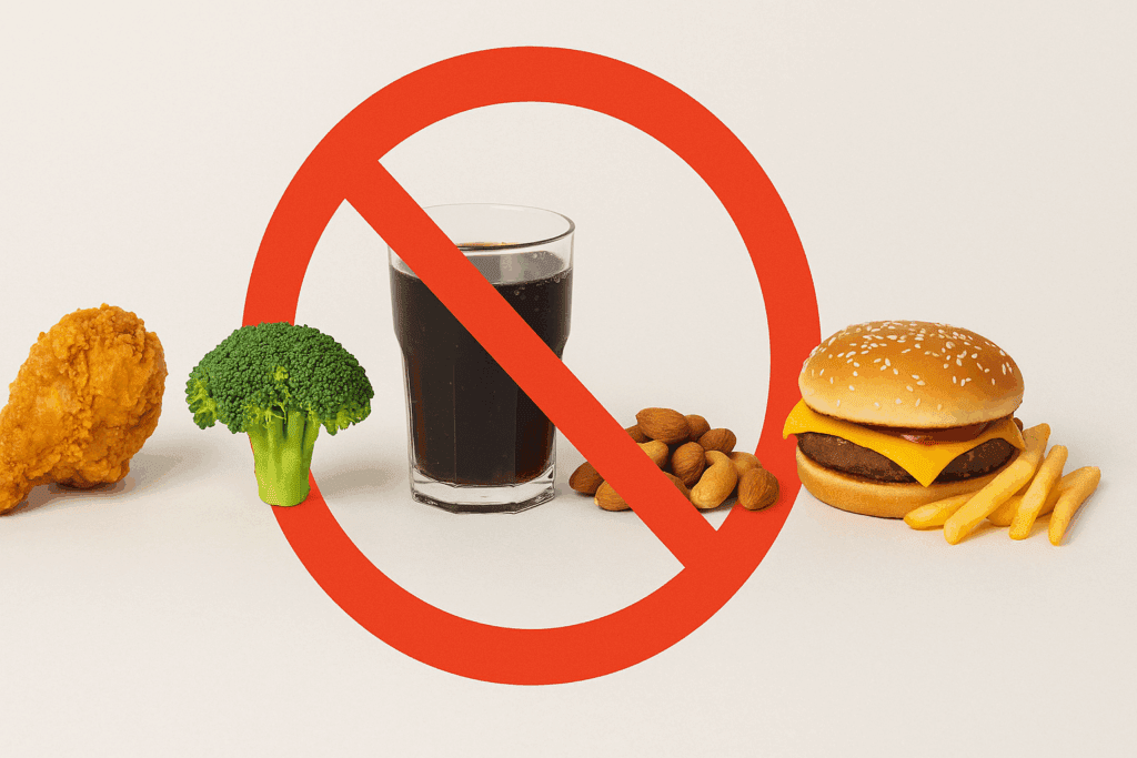Fried chicken, broccoli, soda, nuts, and a cheeseburger with fries crossed out to illustrate foods to avoid on a gastroparesis diet