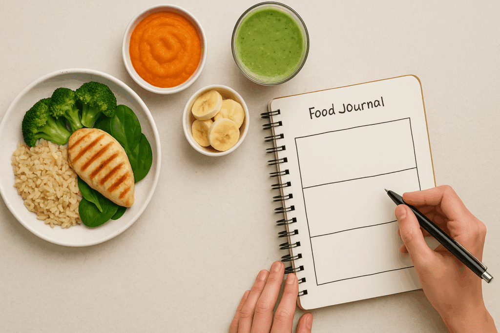 Meal planning journal beside a gastroparesis diet plate with puréed carrots, smoothie, and banana slices on a beige table
