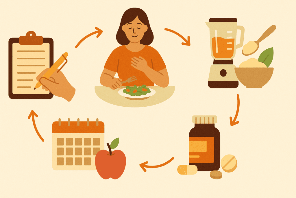 Circular infographic illustrating five-step strategy for managing gastroparesis diet through meal tracking, portion control, texture changes, supplements, and gradual adjustments.