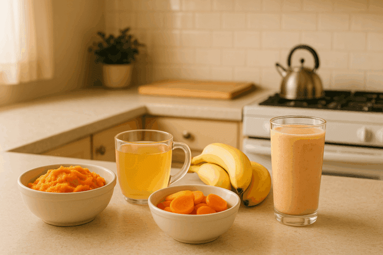 Warm kitchen countertop with mashed sweet potatoes, clear broth, bananas, cooked carrots, and a smoothie—foods for a gastroparesis diet