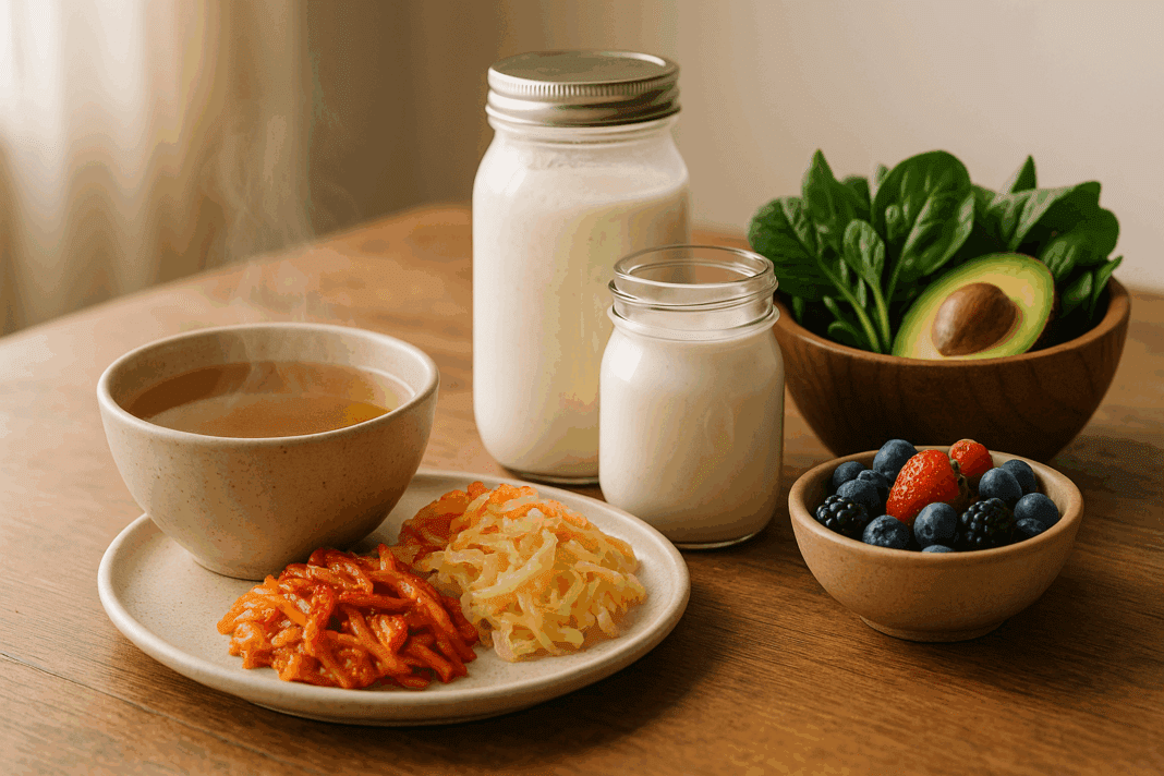 Kitchen table with bone broth, kimchi, kefir, yogurt, berries, and greens—foods in the best diet to heal gut. Would you like variations for social media or additional images?