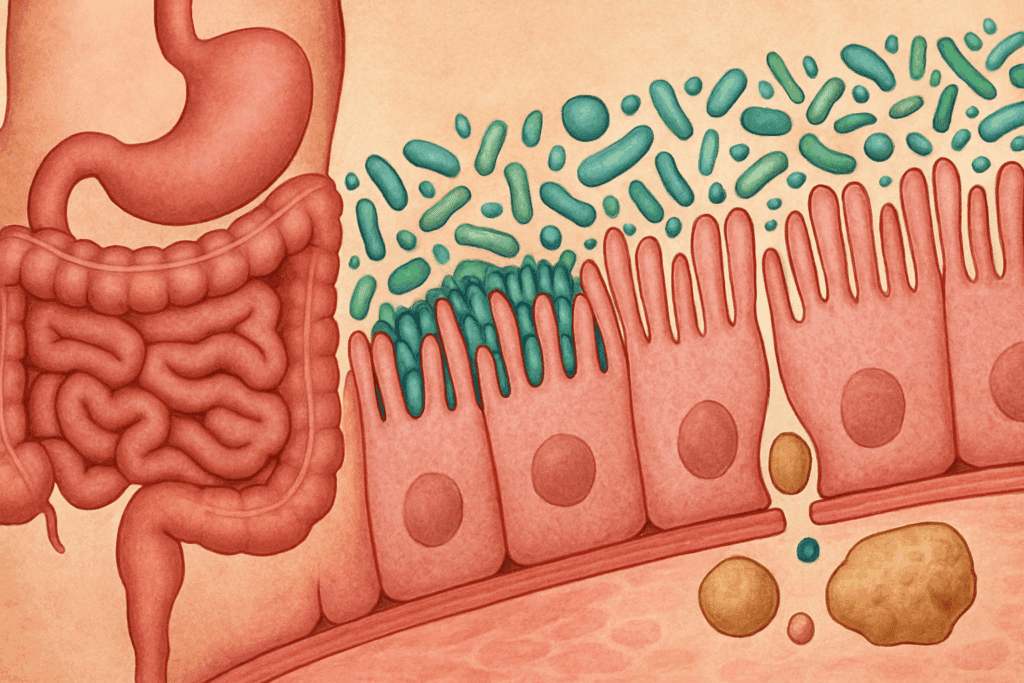 Cross-section of the small intestine showing healthy gut bacteria and leaky gut, illustrating the best diet to heal gut through microbiome balance.