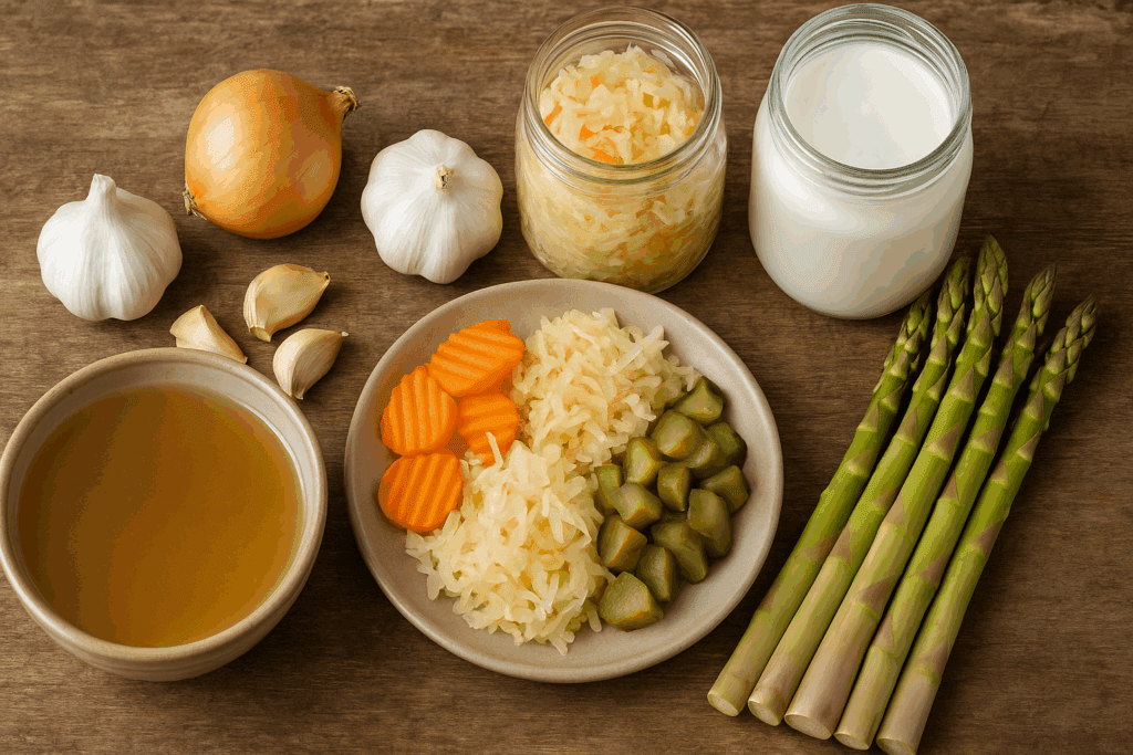 Overhead view of gut-healing foods like bone broth, fermented vegetables, garlic, onions, asparagus, sauerkraut, and kefir—ingredients in the best diet to heal gut