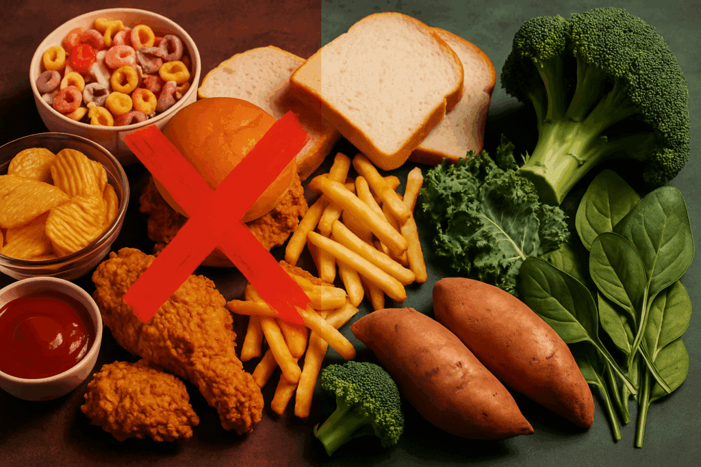 Split image showing the contrast between gut-irritating foods like fried chicken and sugary cereal and healing whole foods like spinach and sweet potatoes, highlighting the best diet to heal gut.
