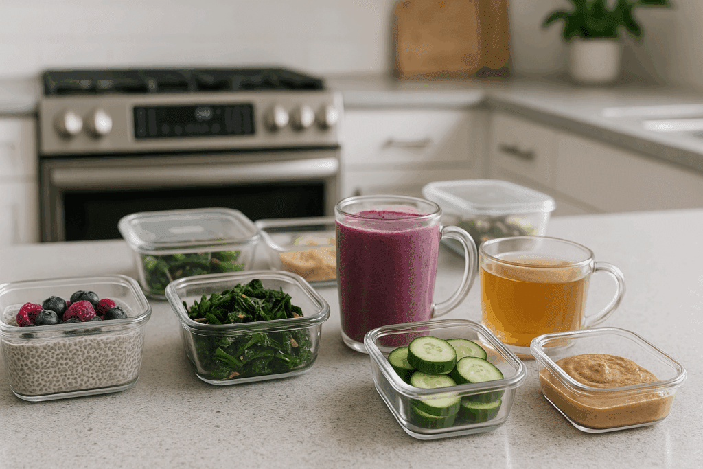 Meal prep containers with chia pudding, berry smoothie, greens, and tea in a clean kitchen, showcasing the best diet to heal gut.