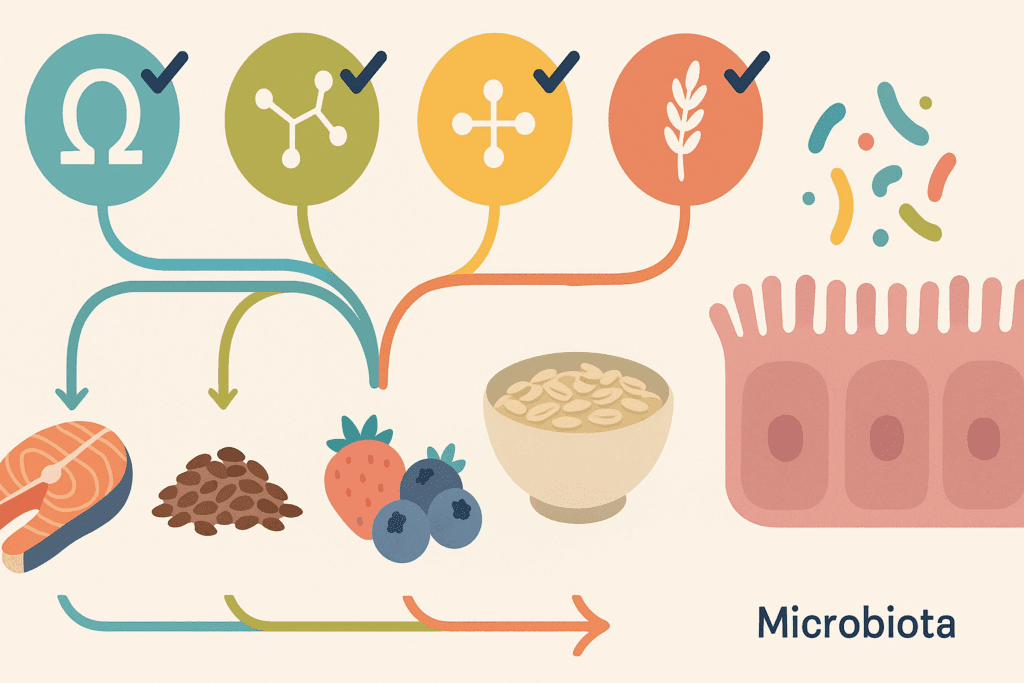 Diagram showing omega-3s, glutamine, zinc, and fiber from salmon, flaxseed, berries, and oats supporting gut lining and microbiota—illustrating the best diet to heal gut.