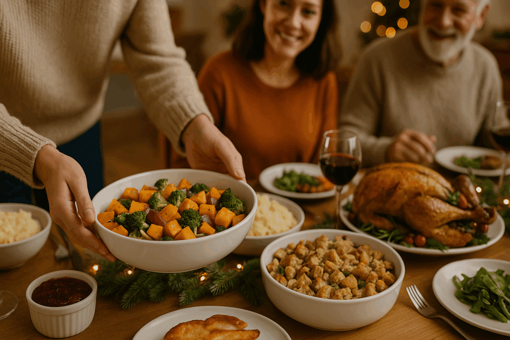 Person placing a colorful roasted vegetable dish on a festive dinner table during the holidays, showing the best diet to heal gut in a social setting.