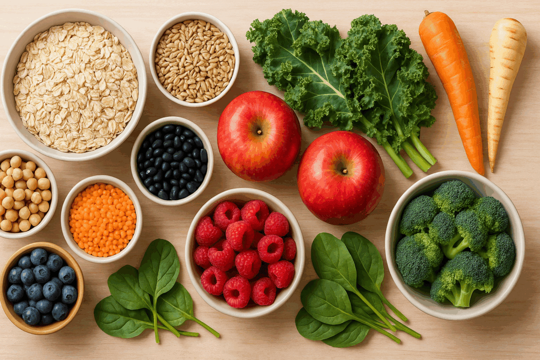 Flat lay of a vibrant list of soluble and insoluble fiber foods including oats, legumes, berries, apples, leafy greens, and root vegetables on a wooden table.