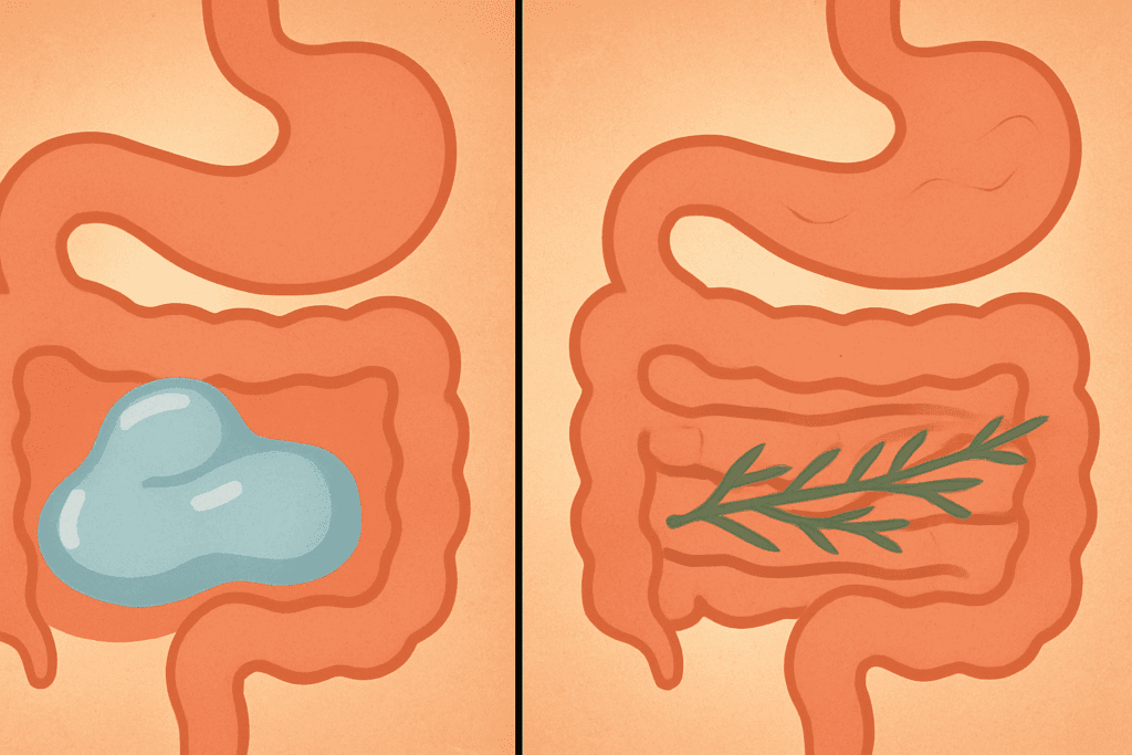 The Essential Guide to the Best Foods for Gut Health: A Complete List of Soluble and Insoluble Fiber Foods That Support Digestion Naturally 1 Split-screen illustration showing how soluble fiber forms a gel in the intestines and insoluble fiber moves plant matter through the gut, visualizing a list of soluble and insoluble fiber foods.