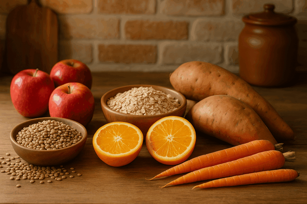 The Essential Guide to the Best Foods for Gut Health: A Complete List of Soluble and Insoluble Fiber Foods That Support Digestion Naturally 2 Assortment of apples, lentils, oats, oranges, sweet potatoes, and carrots displayed on a rustic kitchen counter, representing a list of soluble and insoluble fiber foods.