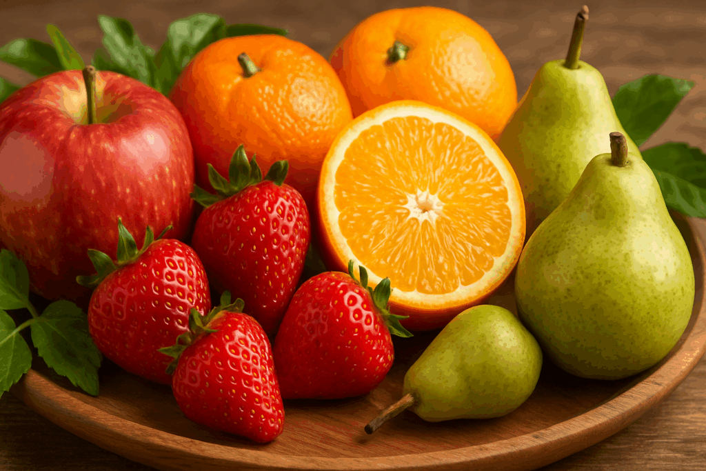 The Essential Guide to the Best Foods for Gut Health: A Complete List of Soluble and Insoluble Fiber Foods That Support Digestion Naturally 3 Fresh apples, strawberries, oranges, and pears on a wooden platter with leafy greens—featured in a list of soluble and insoluble fiber foods