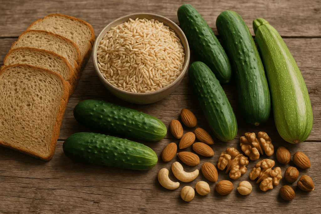 The Essential Guide to the Best Foods for Gut Health: A Complete List of Soluble and Insoluble Fiber Foods That Support Digestion Naturally 4 Whole wheat bread, brown rice, cucumbers, zucchini, and mixed nuts arranged on a wooden table, showcasing a list of soluble and insoluble fiber foods.