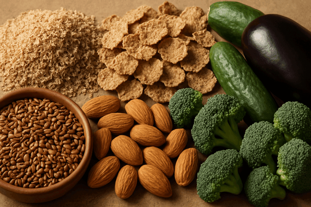 The Essential Guide to the Best Foods for Gut Health: A Complete List of Soluble and Insoluble Fiber Foods That Support Digestion Naturally 5 Wheat bran, whole grain cereal flakes, flaxseeds, almonds, and fresh vegetables with skins arranged to illustrate a list of soluble and insoluble fiber foods