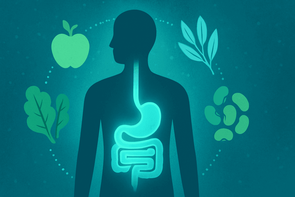 The Essential Guide to the Best Foods for Gut Health: A Complete List of Soluble and Insoluble Fiber Foods That Support Digestion Naturally 6 Conceptual illustration of a human silhouette with a glowing digestive system surrounded by a list of soluble and insoluble fiber foods like apples, oats, beans, and leafy greens.