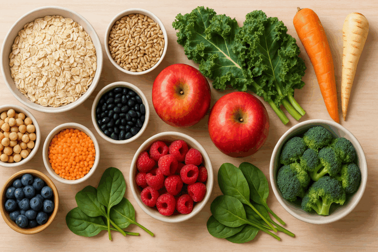 Flat lay of a vibrant list of soluble and insoluble fiber foods including oats, legumes, berries, apples, leafy greens, and root vegetables on a wooden table.
