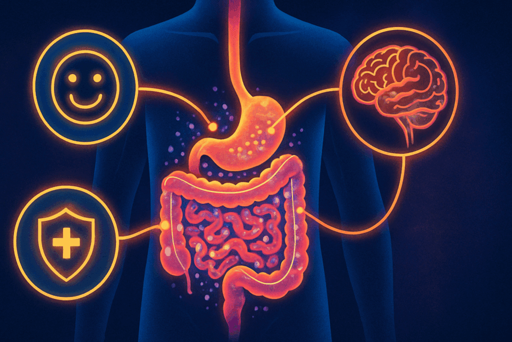 Stylized illustration of the digestive tract with glowing lines linking to the brain, immune system, and mood, symbolizing how the best foods for healthy gut flora support overall wellness.