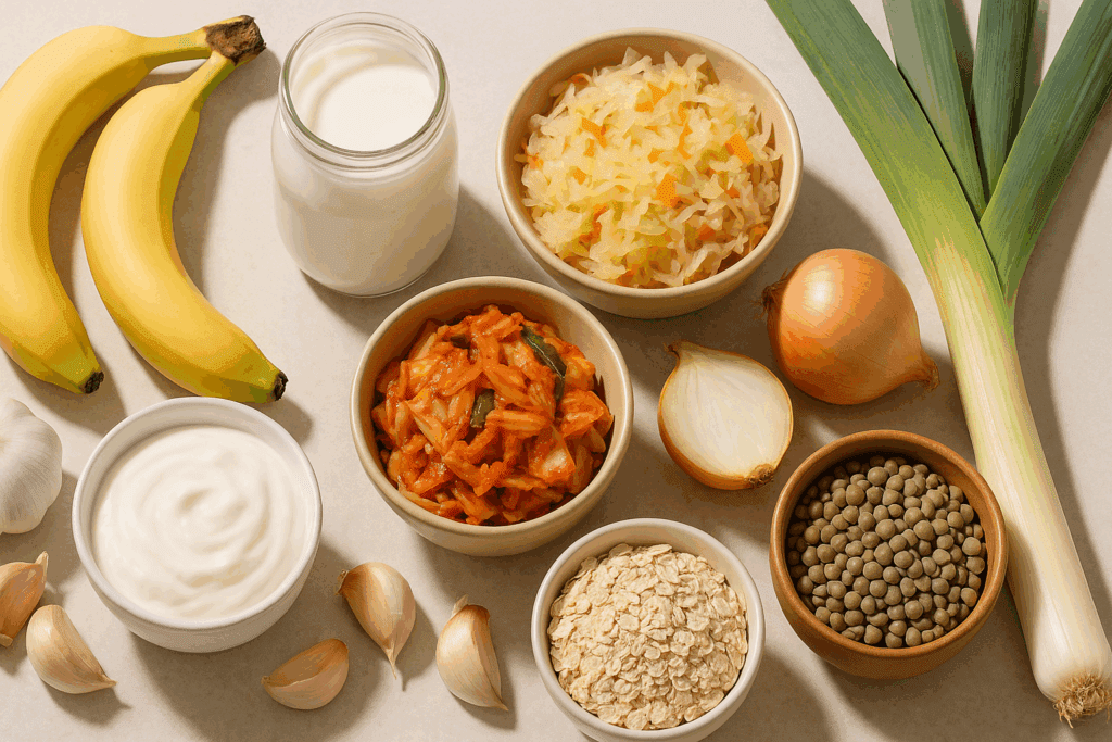 Flat lay of yogurt, kefir, kimchi, sauerkraut, garlic, onions, leeks, bananas, oats, and lentils—some of the best foods for healthy gut flora.