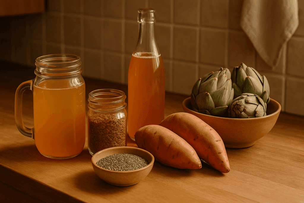 Kitchen counter with bone broth, kombucha, flaxseeds, chia seeds, sweet potatoes, and artichokes—some of the best foods for healthy gut flora.