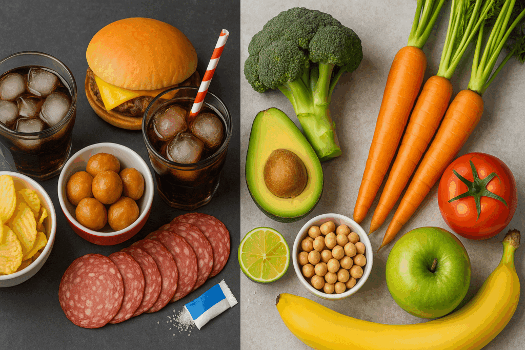 Split-screen comparison of unhealthy processed foods and the best foods for healthy gut flora like avocado, broccoli, and carrots.