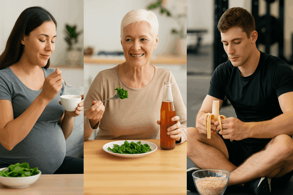 Pregnant woman, senior, and athlete eating yogurt, leafy greens, kombucha, oats, and bananas—some of the best foods for healthy gut flora.