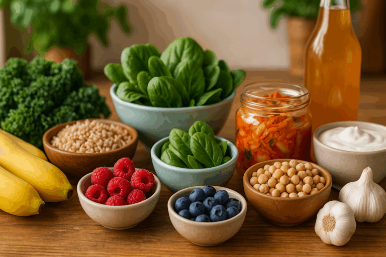 Assortment of the best foods for healthy gut flora including leafy greens, berries, yogurt, kimchi, bananas, garlic, legumes, and kombucha on a wooden table.