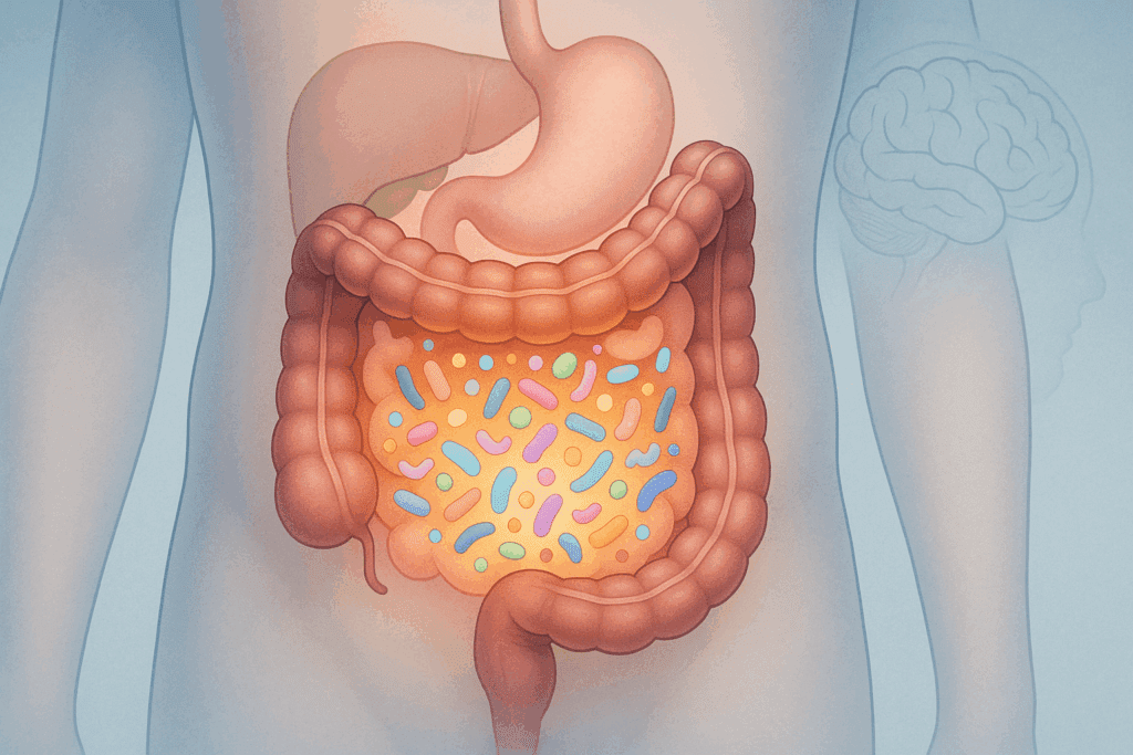 Cross-section of human digestive system showing colorful gut microbiome to illustrate the best fruits and vegetables for gut health