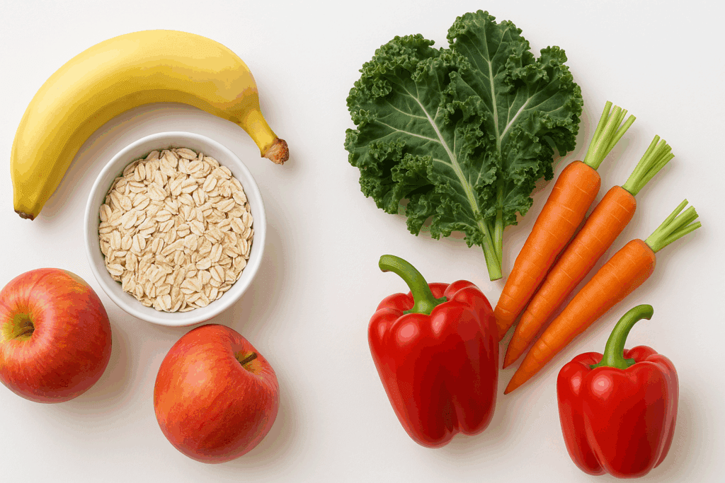 Side-by-side display of the best fruits and vegetables for gut health, including bananas, oats, apples, kale, carrots, and bell peppers.