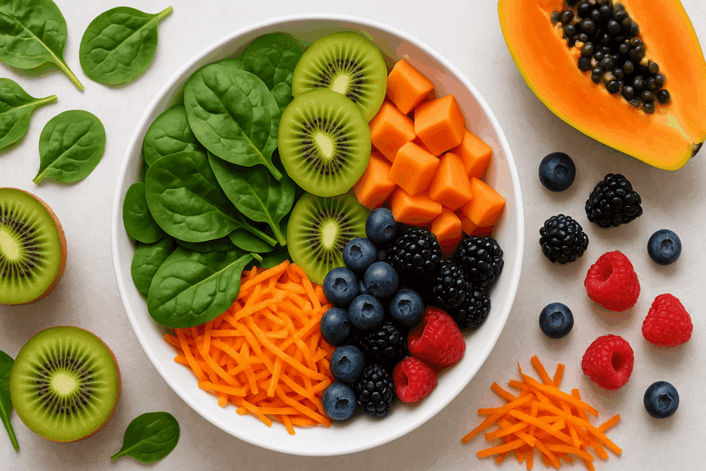 Colorful salad bowl with spinach, kiwi, papaya, berries, and shredded carrots—showcasing the best fruits and vegetables for gut health.