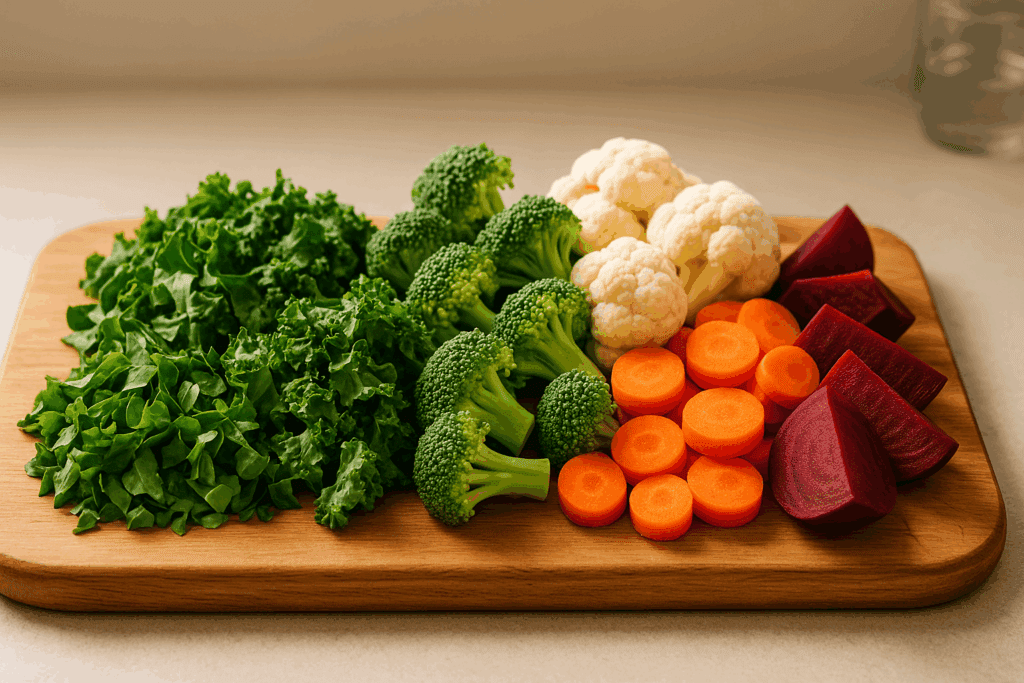 Fresh chopped spinach, kale, broccoli, cauliflower, carrots, and beets on a wooden cutting board, showcasing the best fruits and vegetables for gut health.